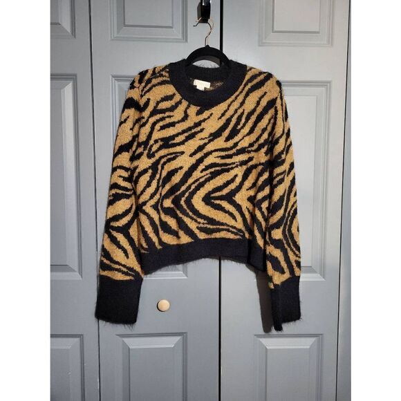 H&M tan/black animal print fuzzy wool sweater - Picture 1 of 5